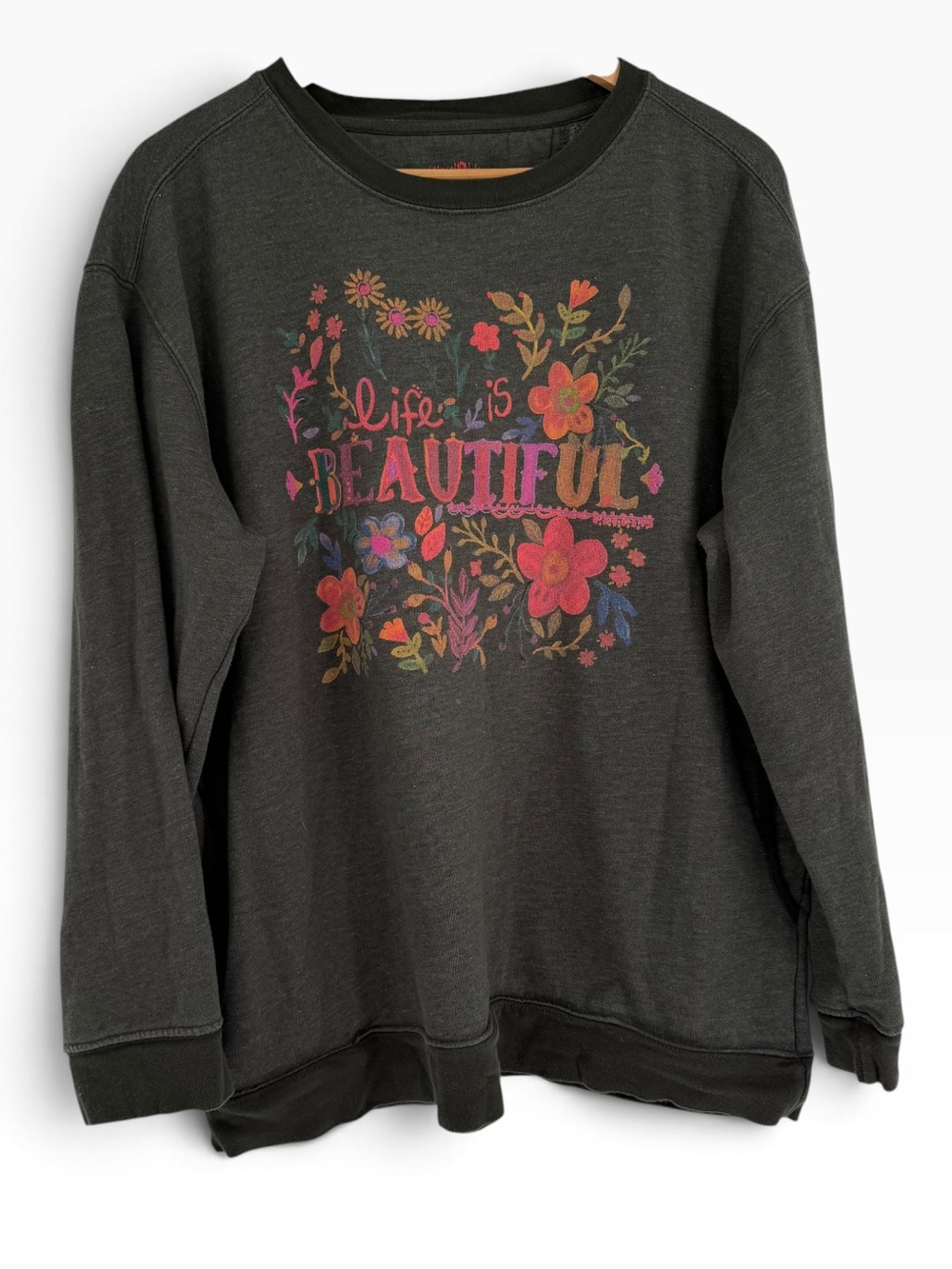 Natural Life “Life Is Beautiful” Floral Graphic Sweatshirt Womens size L Gray